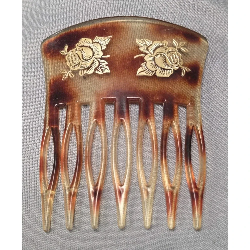 Vintage Hair Comb Faux Tortoise Shell Gold Roses Flowers France Accessory